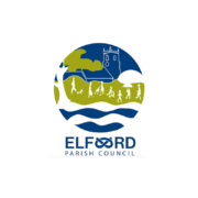 Logo of Elford Parish Council with a tree, church, people walking, and water in a circular design.