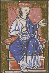 Medieval illustration of a crowned figure in blue robes, seated on a throne, holding a scepter.
